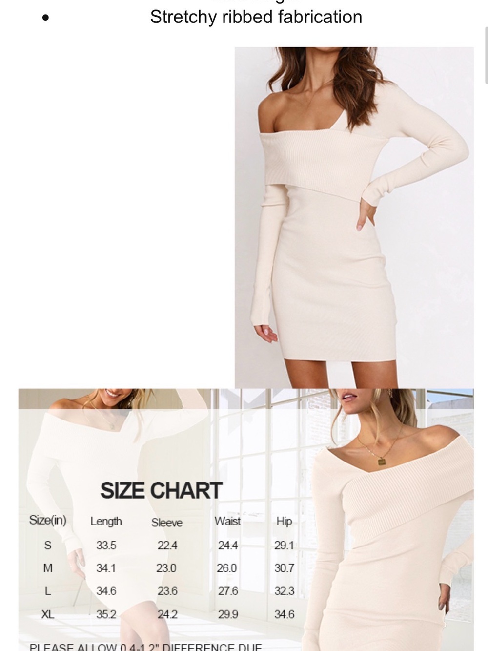 Off-Shoulder Ribbed Long Sleeve Dress in Cream